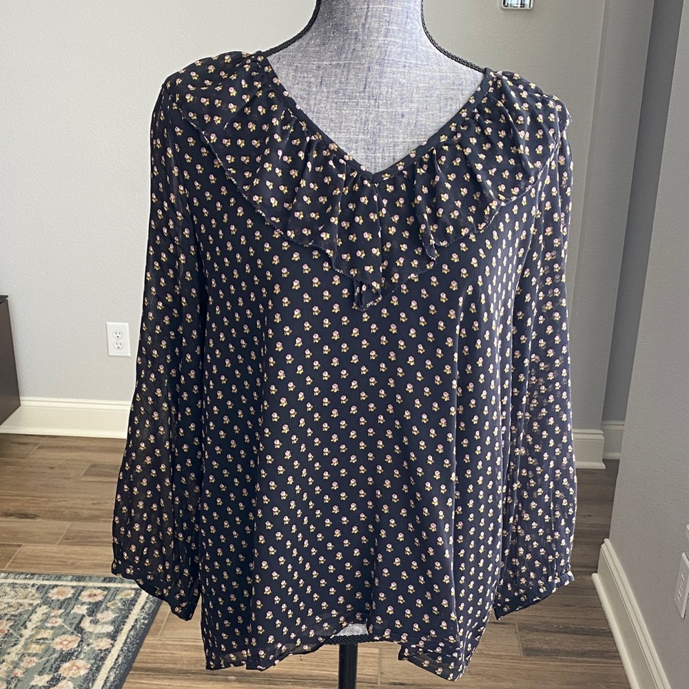 LOFT Black Blouse with Floral Pattern and Ruffle Detail